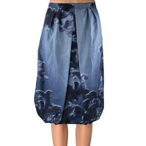 Prada 100% Silk Satin Blue Floral Pleated Knee Length A-Line Wrap Skirt 40 US 4
